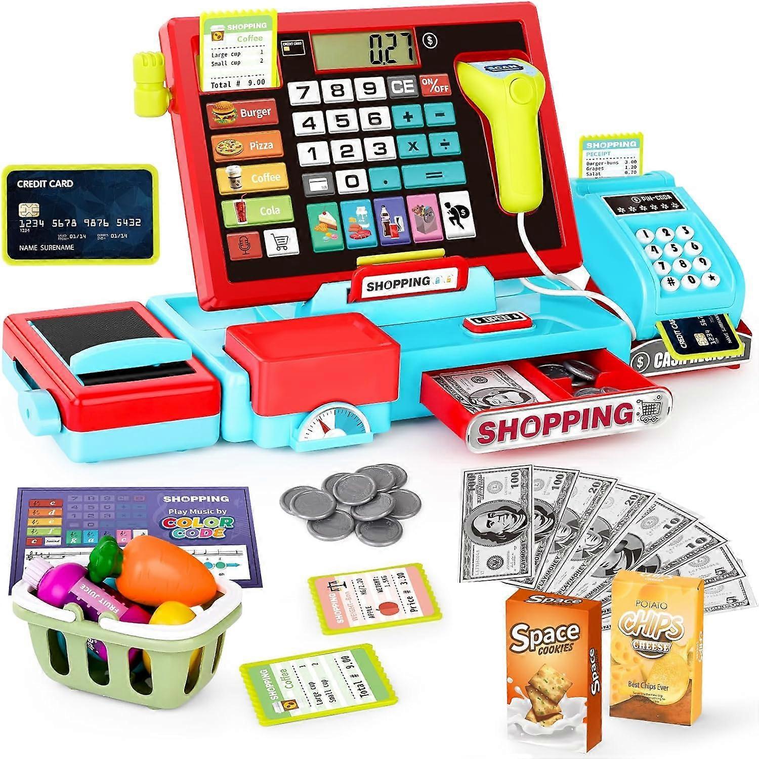 Unbrand Kids Cash Register Toy Playset, Toddler Prentend Play Store with Scanner/Credit Card/Play Money/Food, Learning Toys for Boys Girls Toddlers...