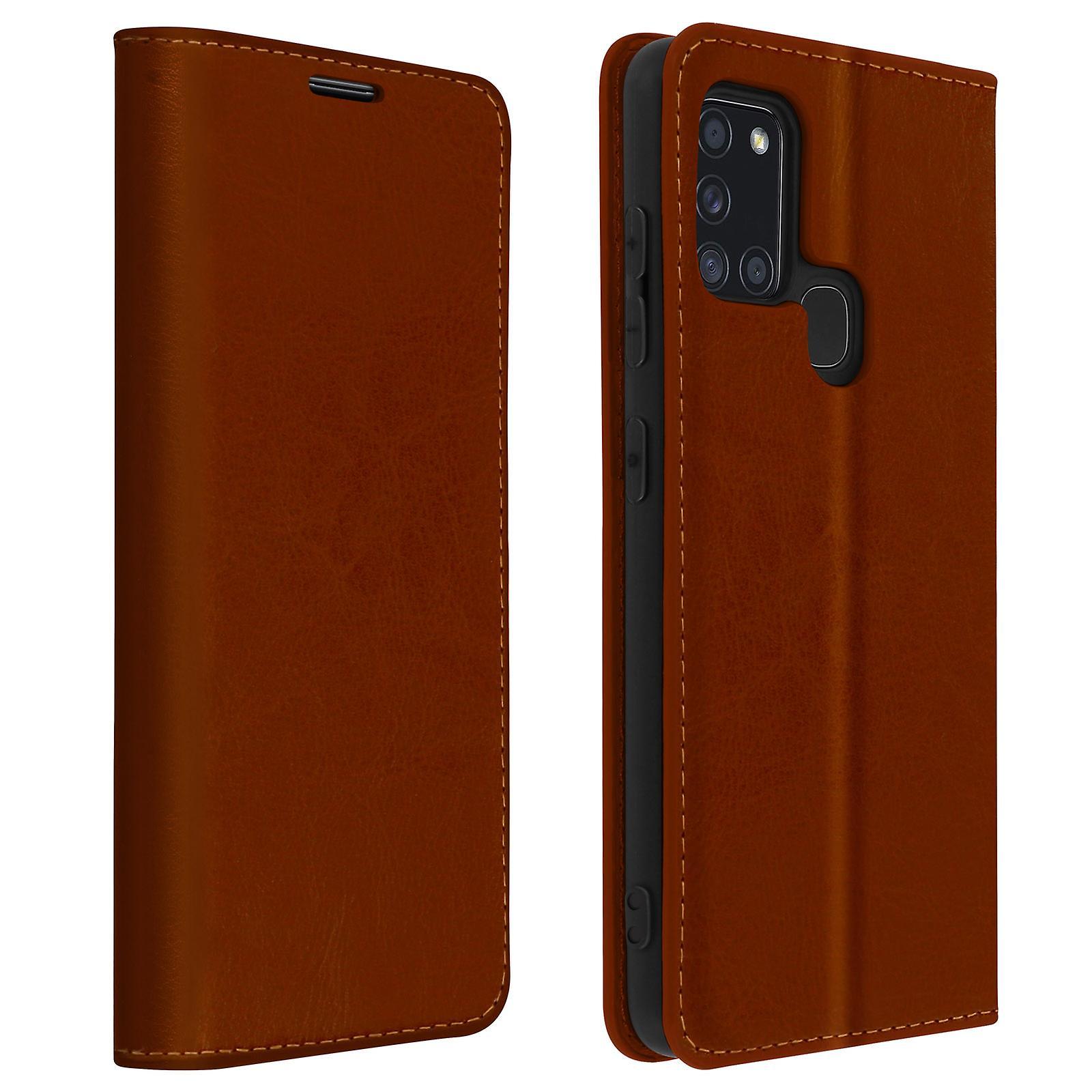 Avizar Folio Real Leather Galaxy A21s Case Card-holder Video Stand Brown