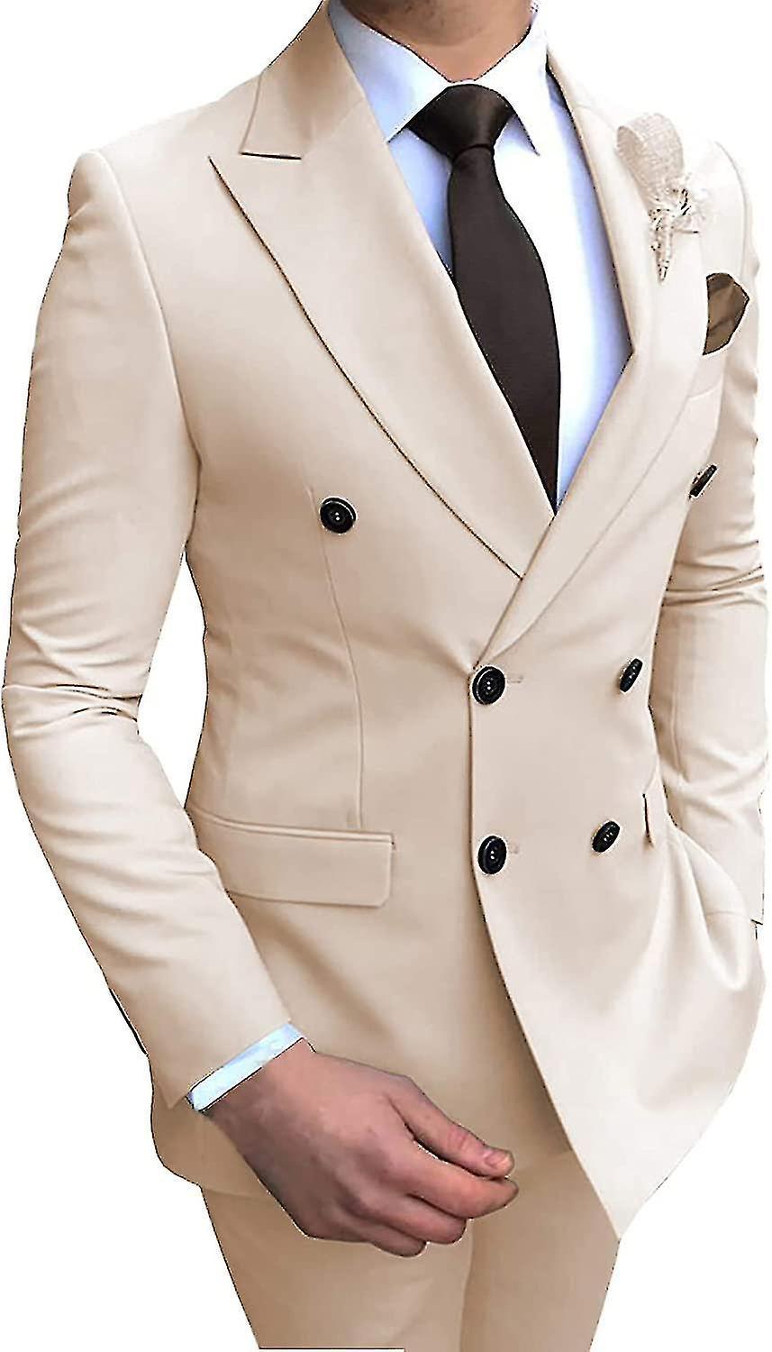 unbrand Mens Double-breasted Blazer Suit 2 Pieces Slim Fit Wedding Groom Tuxedos Peak Lapel Formal Prom Suits Beige 44