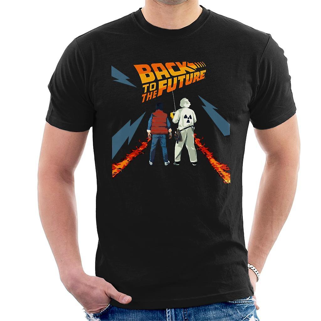 Back to the Future Delorean Fire Trail Marty And Doc Men's T-Shirt Black Large