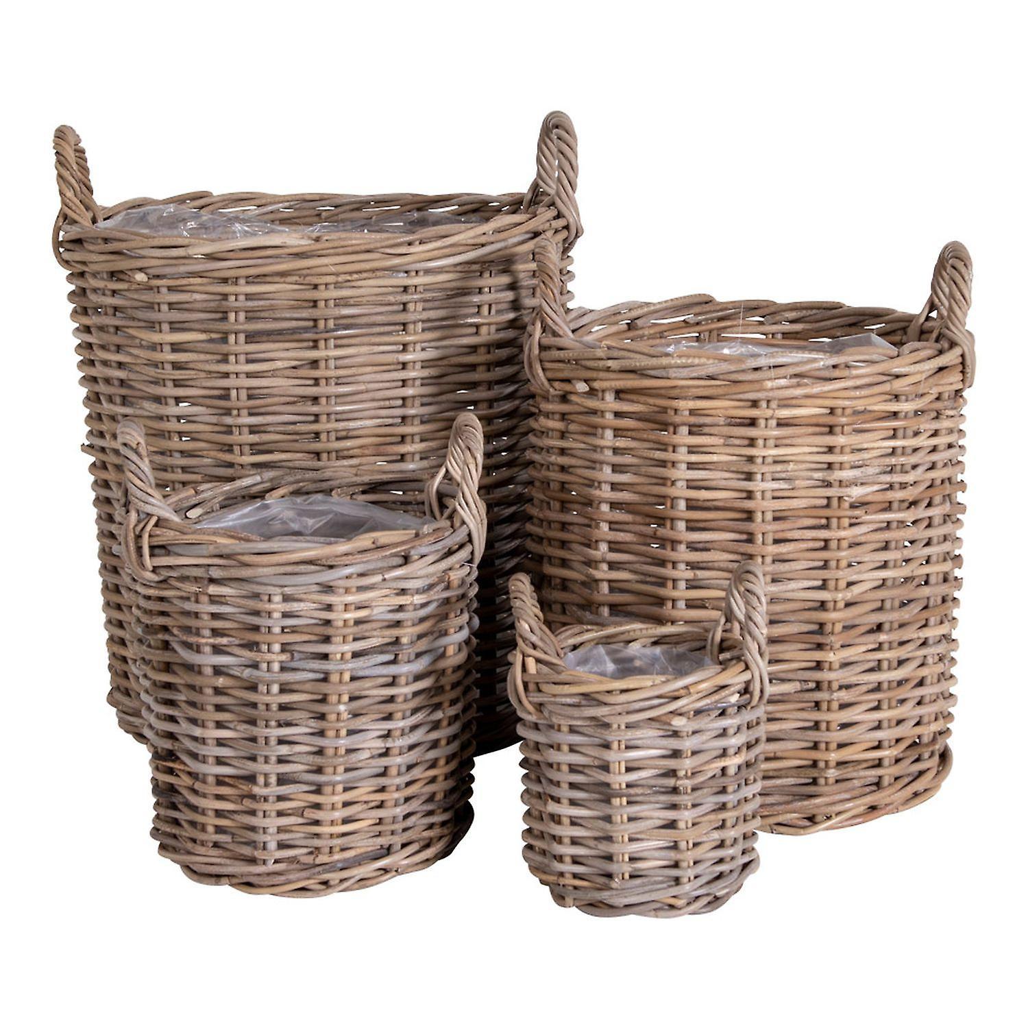 House Nordic 4 round rattan baskets with handles and plasticized interior Brown