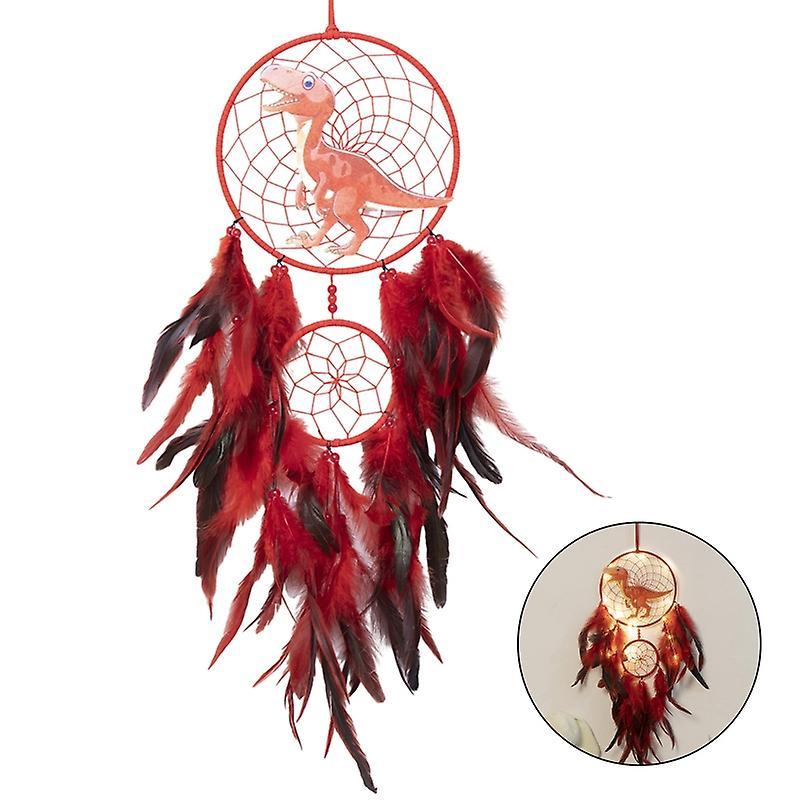 Biplut Dinosaur Dream Catcher Ornament Kids Faux LED Light Feather Dream Catcher Handmade Home Decor Birthd Red With Light