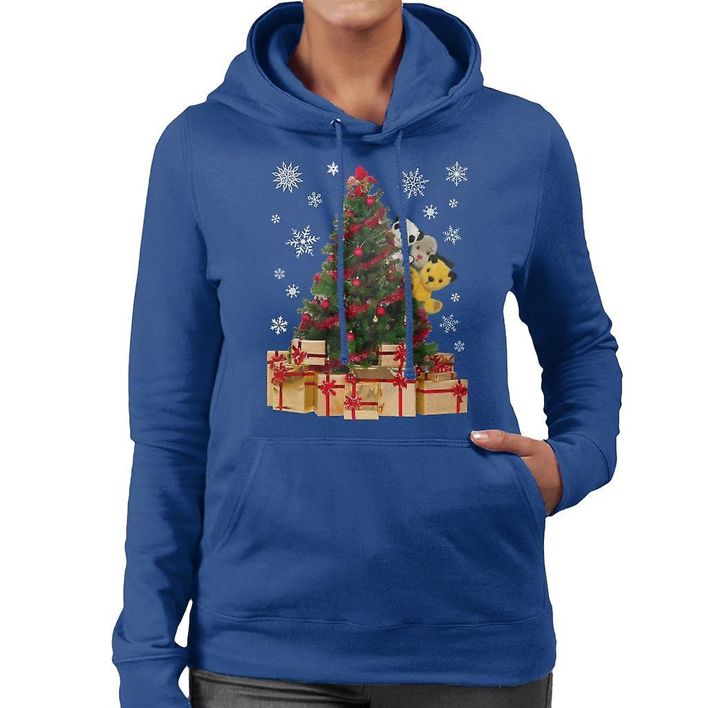 Sooty Christmas Characters Peeking Around Xmas Tree Women's Hooded Sweatshirt Royal Blue Medium