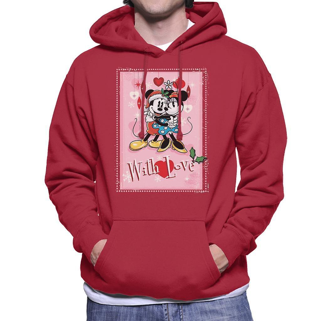 Disney Christmas Mickey And Minnie Mouse With Love Men's Hooded Sweatshirt Cherry Red X-Large