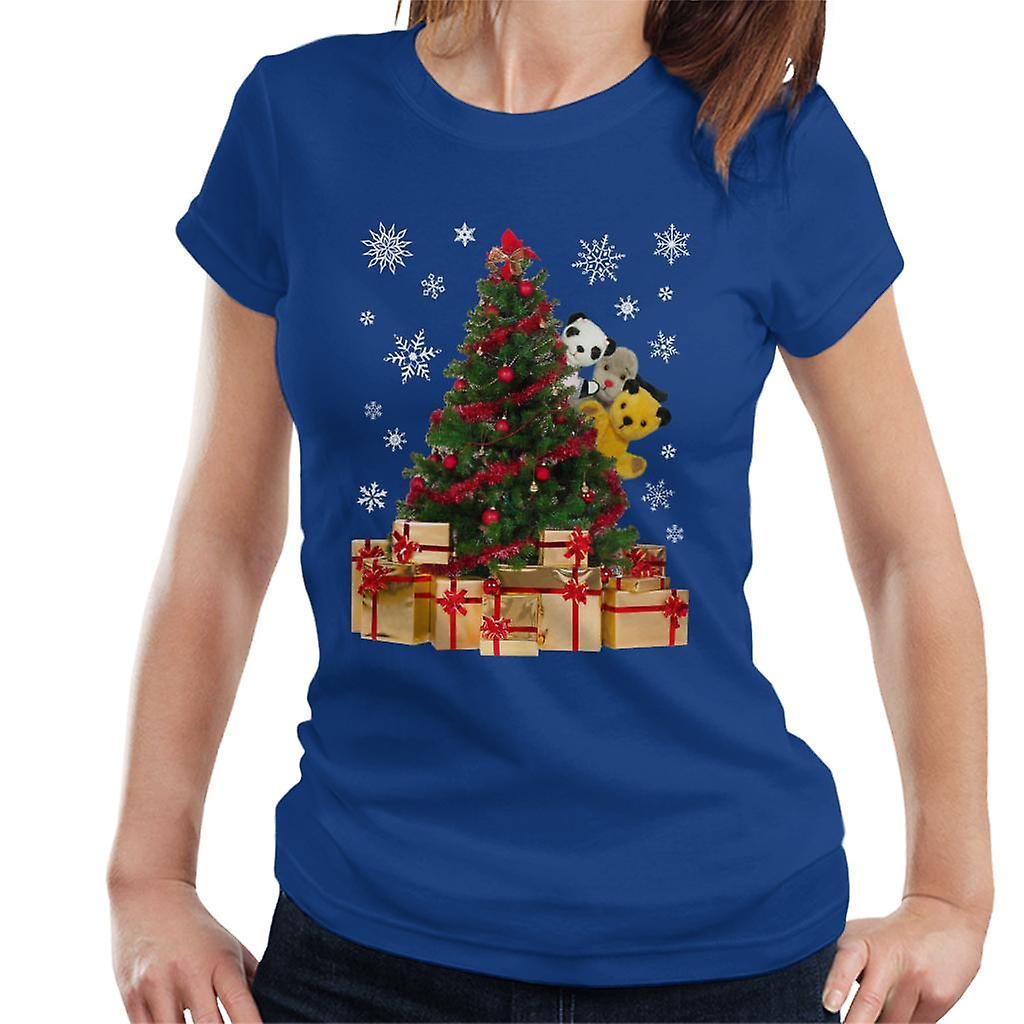 Sooty Christmas Characters Peeking Around Xmas Tree Women's T-Shirt Royal Blue Medium