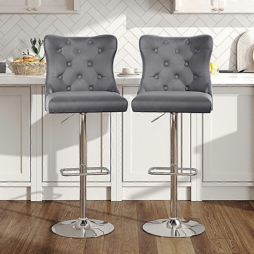 Living And Home 2 Pcs Velvet Upholstered Adjustable Bar Stool with Button Seat Back