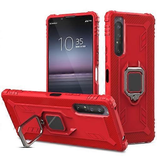 Goodcase For Sony Xperia 1 II Carbon Fiber Protective Case with 360 Degree Rotating Ring Holder Red