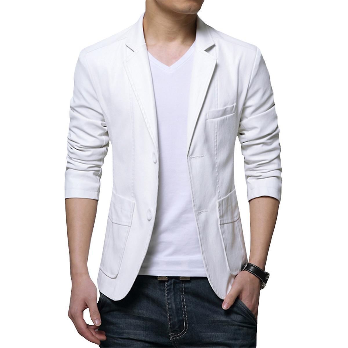 Allthemen Mens Casual Solid Color Lapel Slim Fit Leather Jacket White M