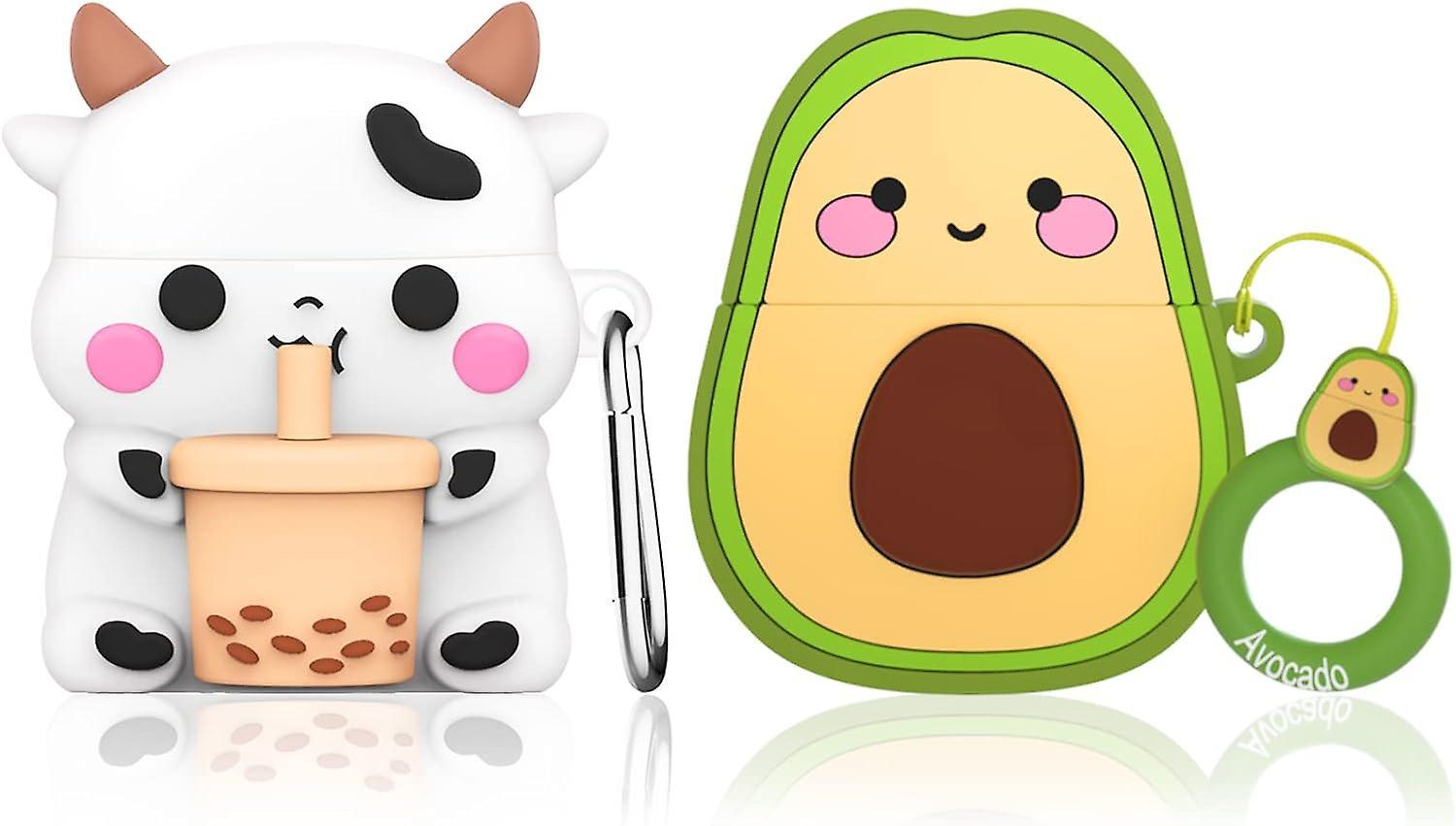 Heyone 2 Pack Cute Airpod Case Cover, Boba Tea Cow & Avocado Airpods Case 3D Cartoon Funny Airpods 1&2 Case, Food Fruit Design Silicone Protective ...