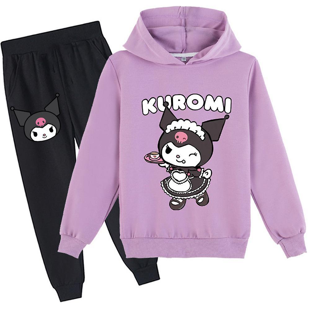 Ochime Kuromi Print Tracksuit Set Kids Girls Pullover Hoodie Hooded Sweatshirt Tops Jogger Pants Sweatsuit Outfits Suit New Year Gifts Purple 8-9 Y...