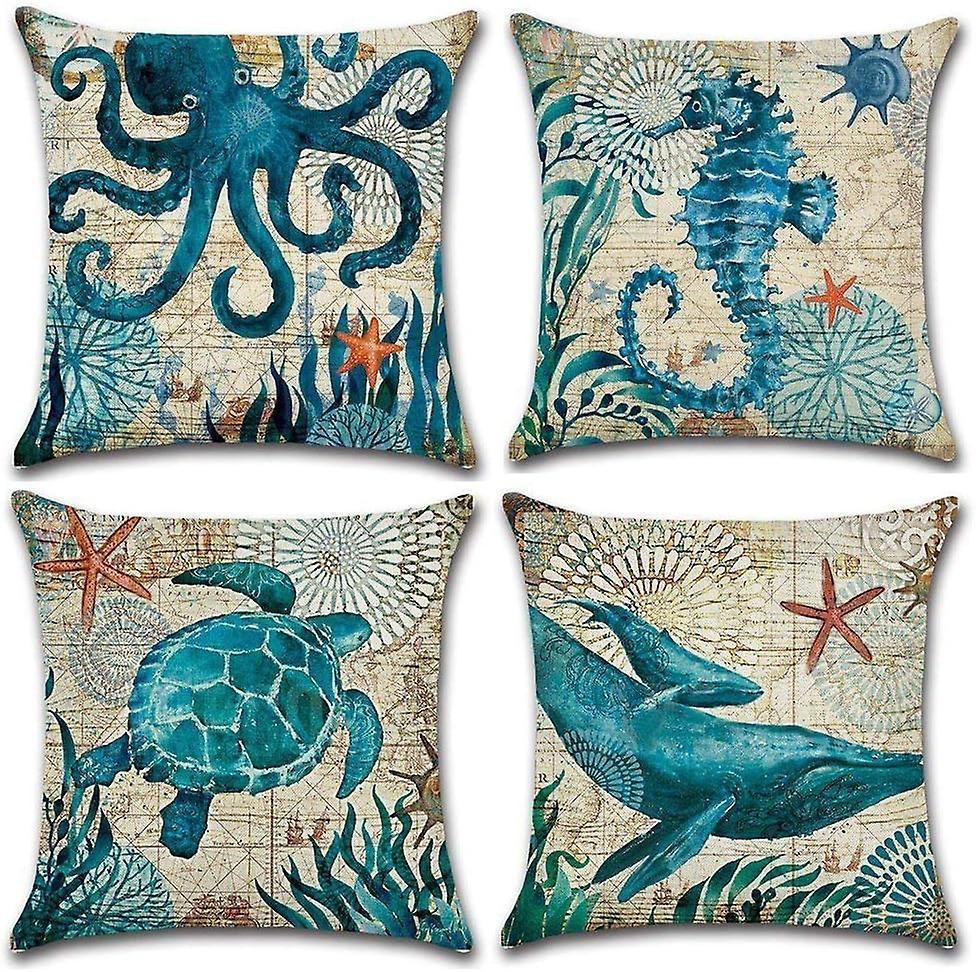 SZTXJ Pillow Case, Set of 4 Cotton and Linen Printed Ocean Octopus Whale Turtle Seahorse Square Cushion Cover for Bed Car Home Sofa 45 x 45cm