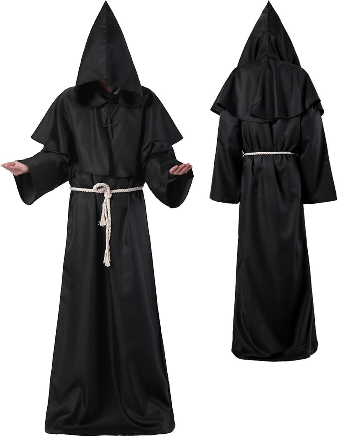 Maromalife Unisex Adult Medieval Robe Costume Monk Hooded Robe Cloak Friar Priest Wizard Halloween Tunic Costume 3pcs Black Medium