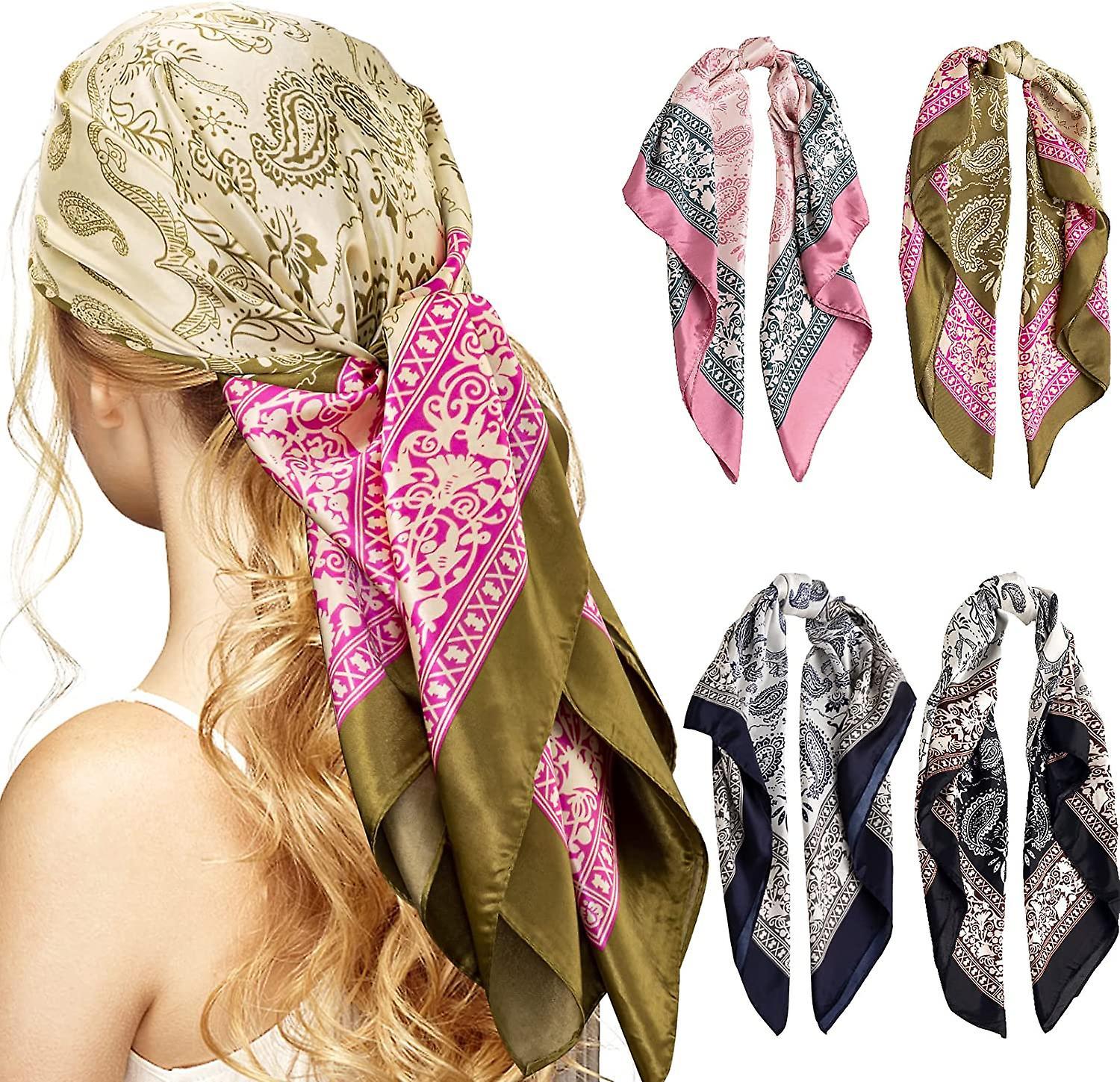 Morakot 4pcs Head Scarf For Women, 35" Satin Square Hair Scarves Silk Like Scarf Bandana For Hair Wrapping At Night Color B