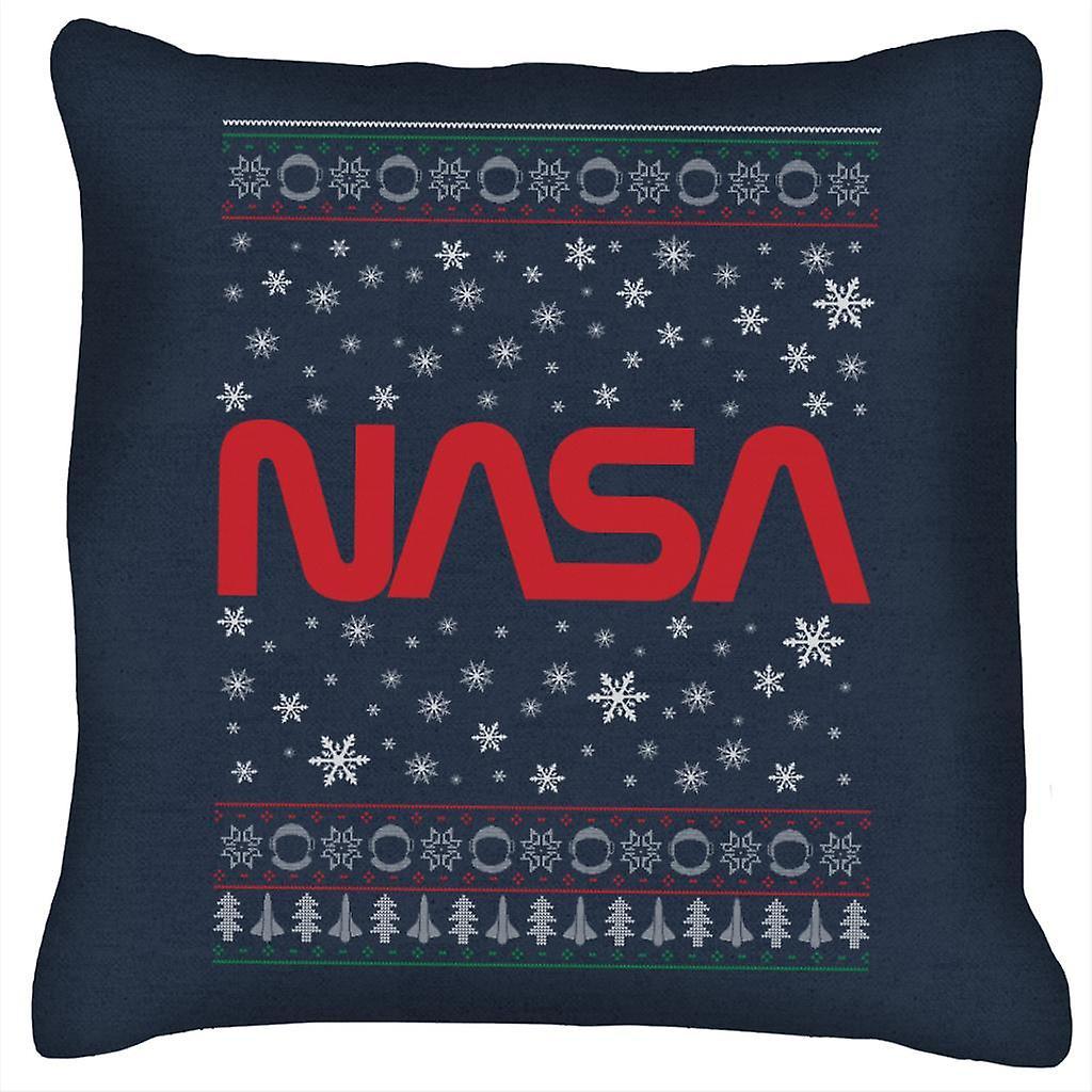 NASA 1975-1992 Logo Christmas Knit Pattern Cushion Navy Blue 40 x 40cm