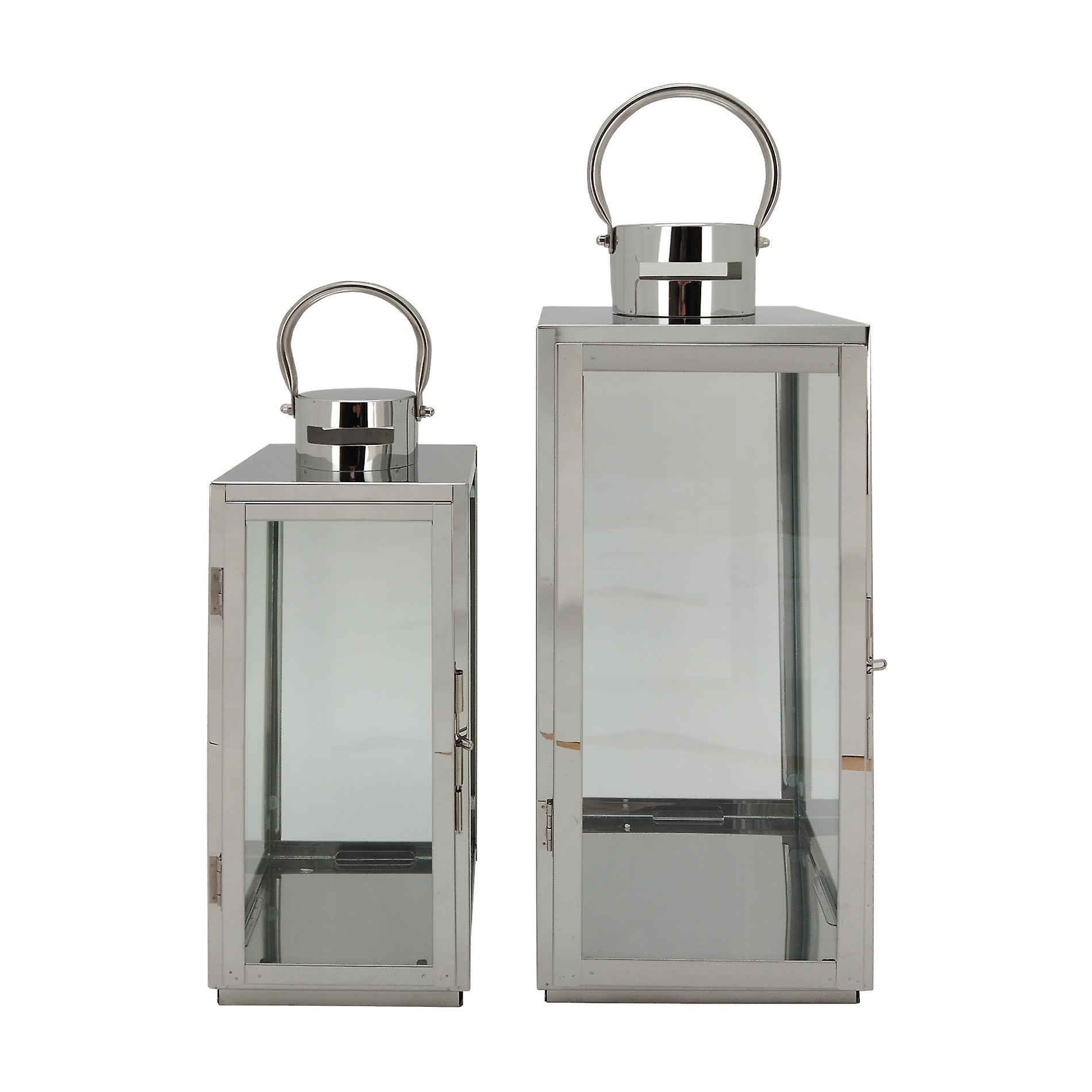 Mobili Rebecca Rebecca Mobili Set of 2 Large Lanterns Silver Grey Steel Pvc for Indoor Outdoor