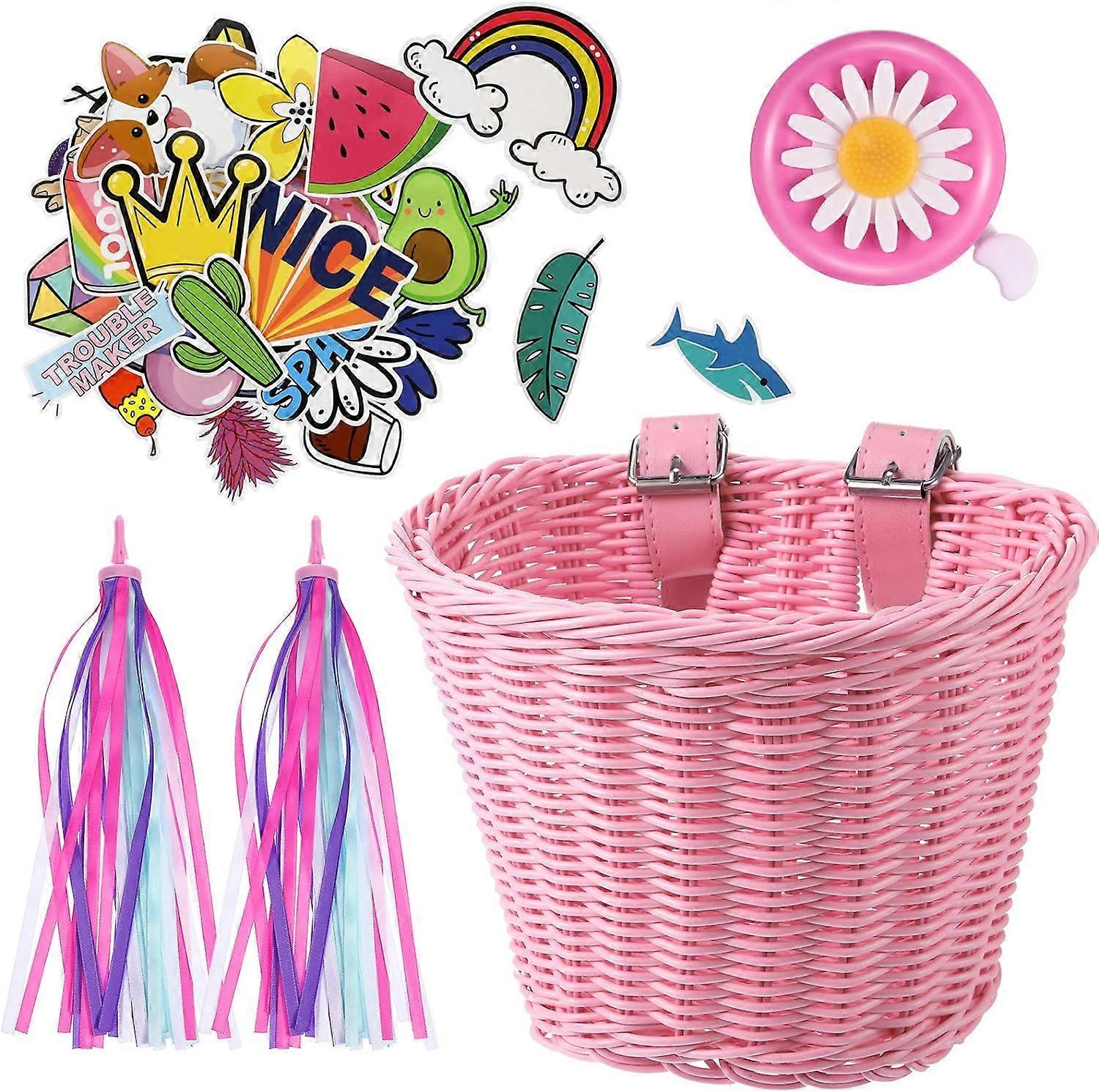 Ubiuo Kid's Bicycle Basket Streamers Set, Unicorn Children's Bike Handlebar Wicker Basket Bike Streamers Bell and Stickers,Bike Basket Front Decora...