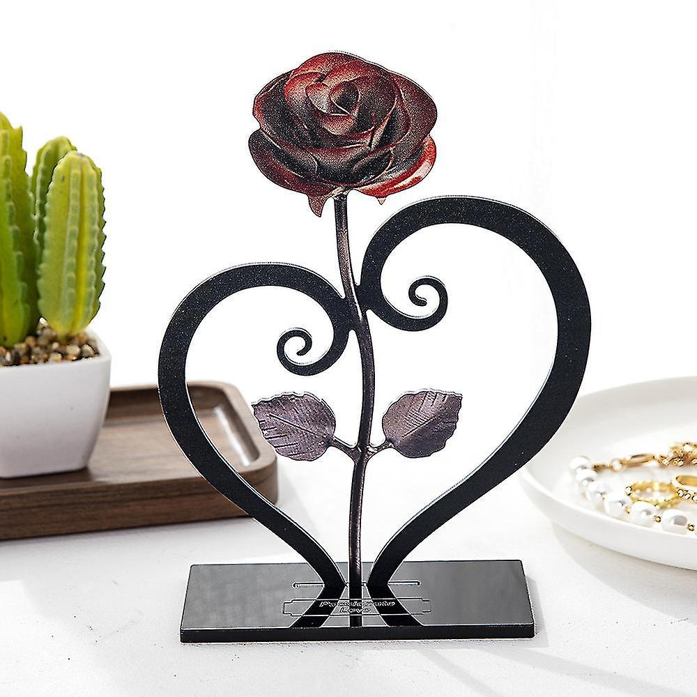 Tinor Gift Hand-forged Wrought Iron Red Metal Rose With Heart - Shaped Stand