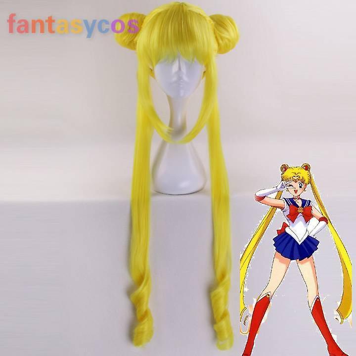 Bolongking Sailor Tsukino Usagi Cosplay Wig Long Yellow Blonde Costume Heat Resistant Synthetic Hair Ponytail + Free Wig Cap One Size