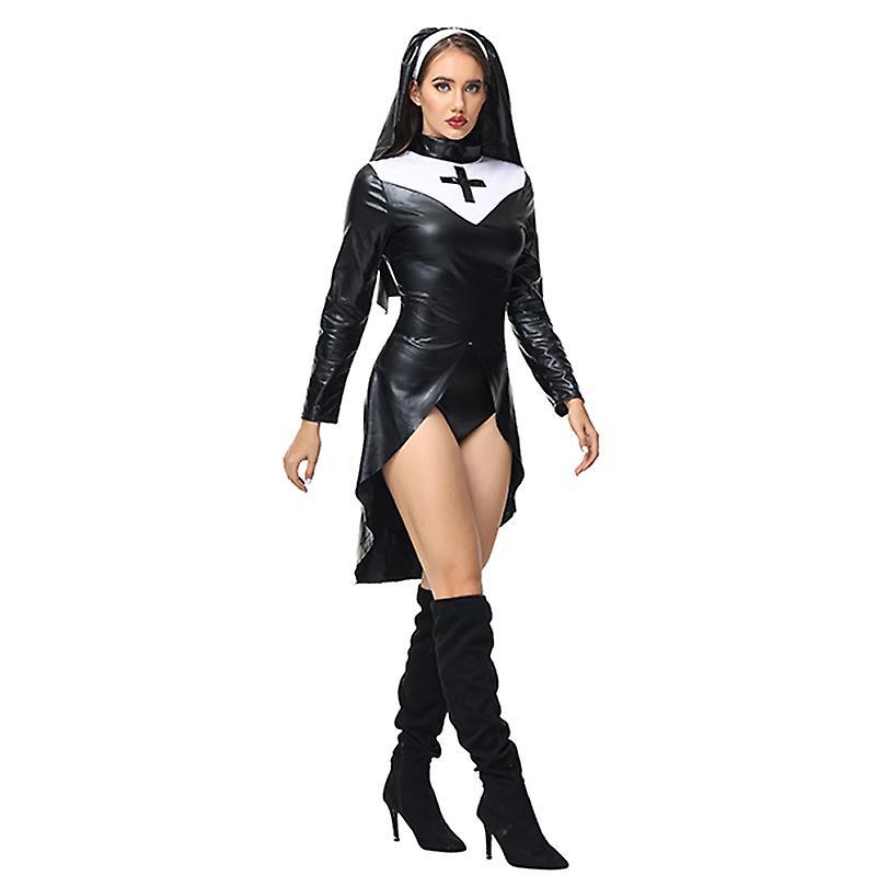 Ssyd 2023 New Halloween Cross Black Nun Dress Female Pastor Role Playing Dress With Headband Tight Nurse Uniform _iu XL