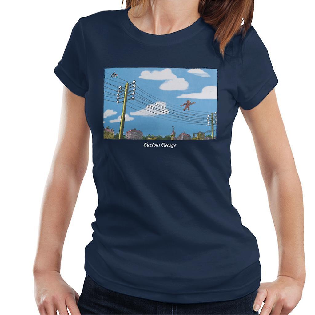 Curious George Walking On Telephone Lines Women's T-Shirt Navy Blue X-Large