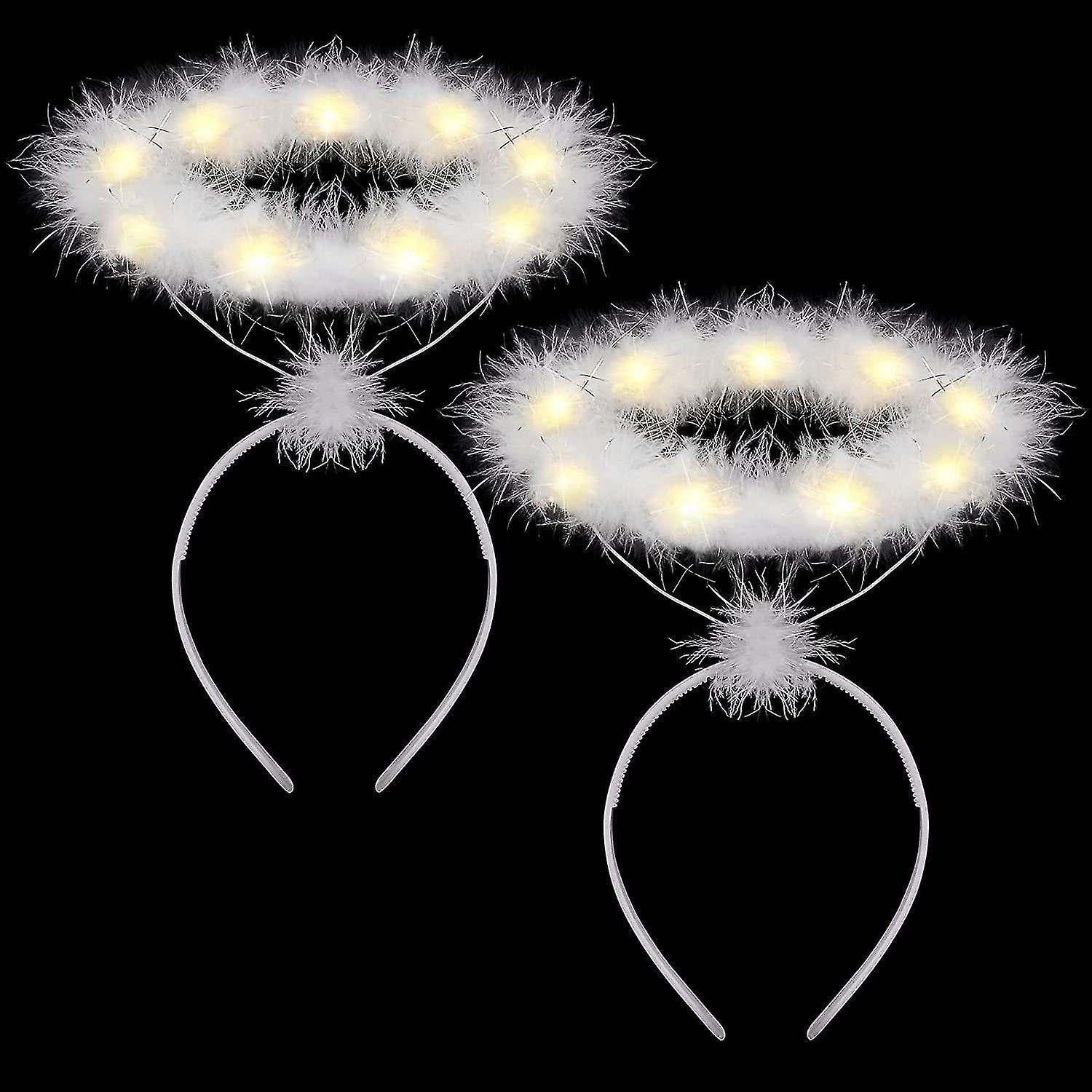 Cryin 2 Pack Light Up Angel Halo Headband Led White Feather Headband Angel Halo Headband For Christmas