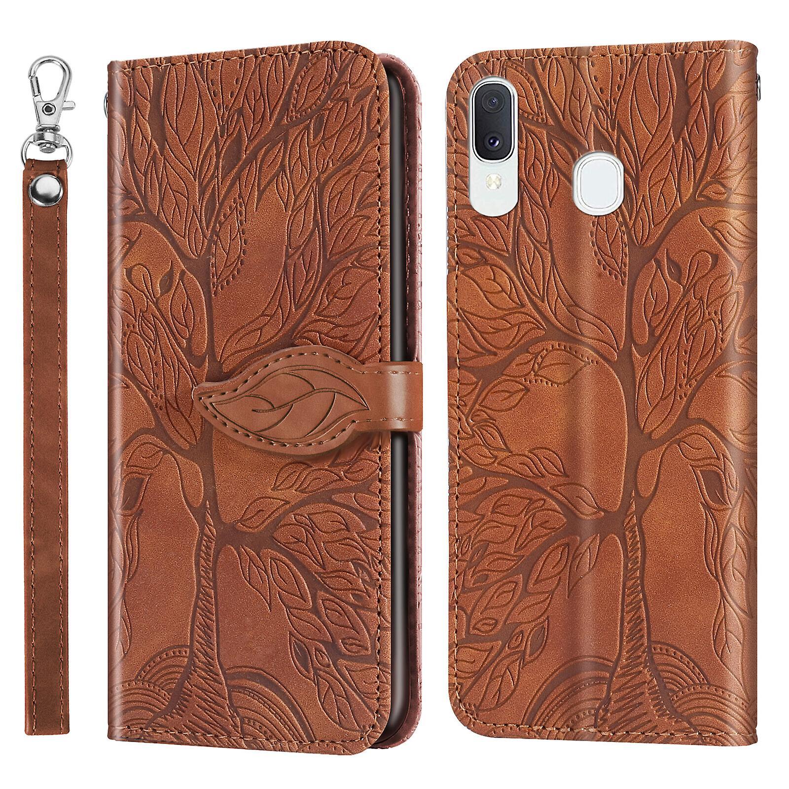 Gangxun Case For Samsung Galaxy A40 Kickstand Wrist Strap Flip Tree Embossed Pu Leather Cover Compatible With Samsung Galaxy A40 Case Brown