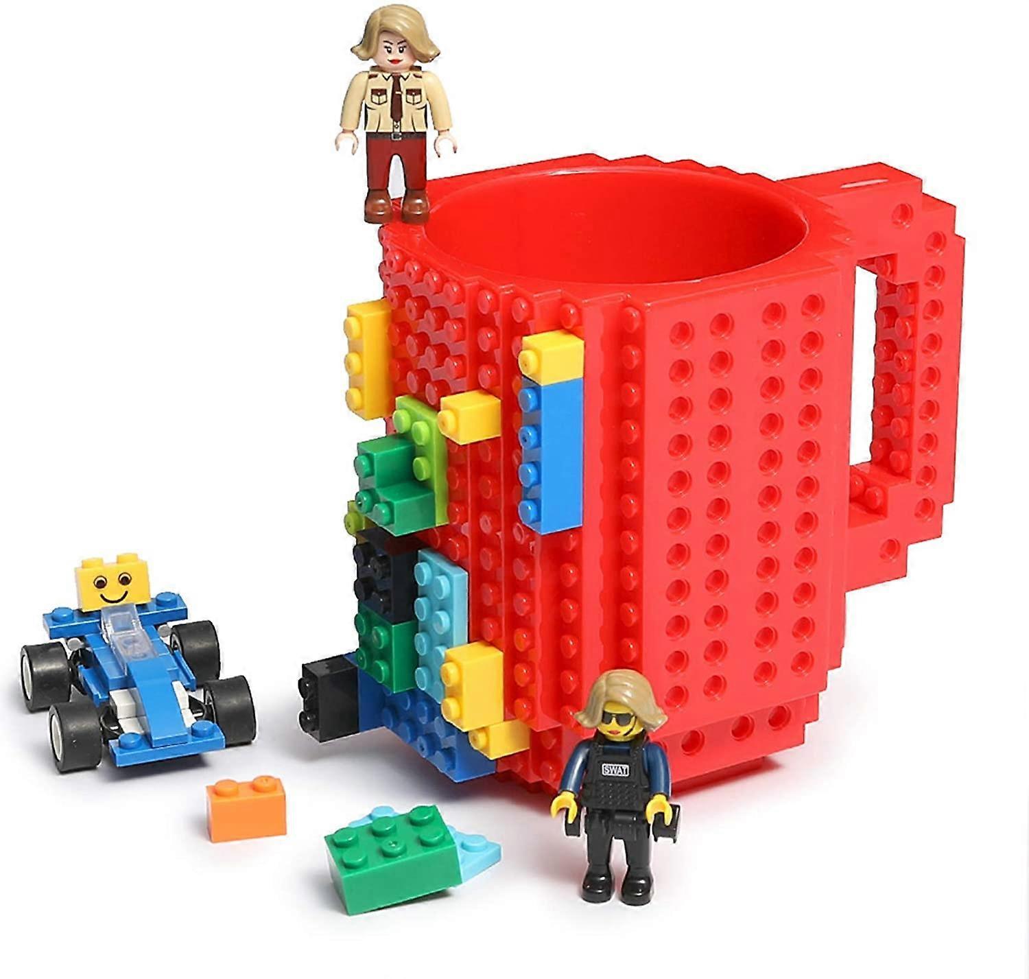 Tinor Build-on Brick Coffee Mug, Funny DIY Novelty Cup with Building Blocks Creative Gift for Kids Men Women Xmas Birthday (Red)