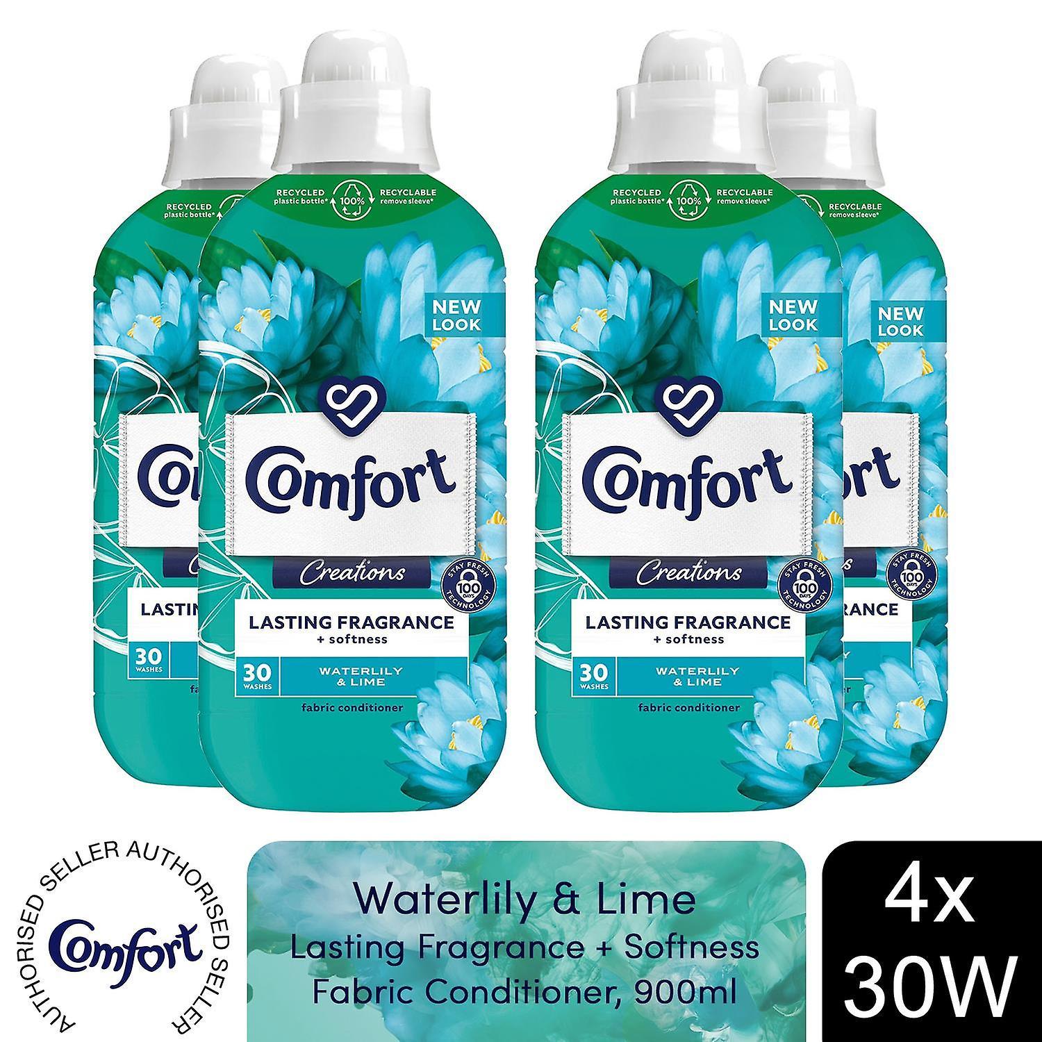 Comfort Fabric Conditioner Lasting Fragrance Waterlily & lime 900ml 30W, 4 Pack White