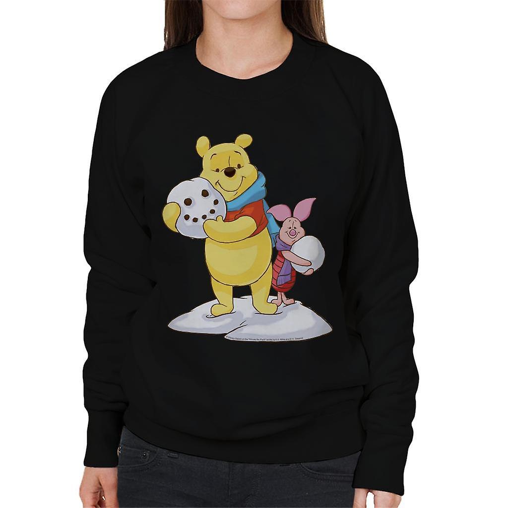 Disney Christmas Winnie The Pooh And Piglet Building Snowman Women's Sweatshirt Black XX-Large