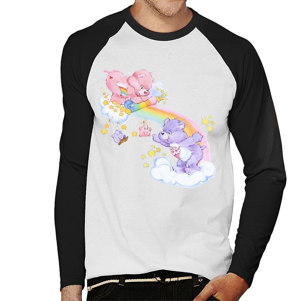 Care Bears Cheer Bear And Share Bear Unrolling A Rainbow Men's Baseball Long Sleeved T-Shirt White/Black Medium