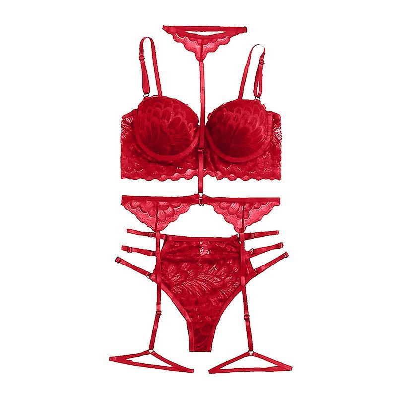 Kissqiqi Women Sexy Lingerie Strappy Lace Garter Lingerie Sets Red M