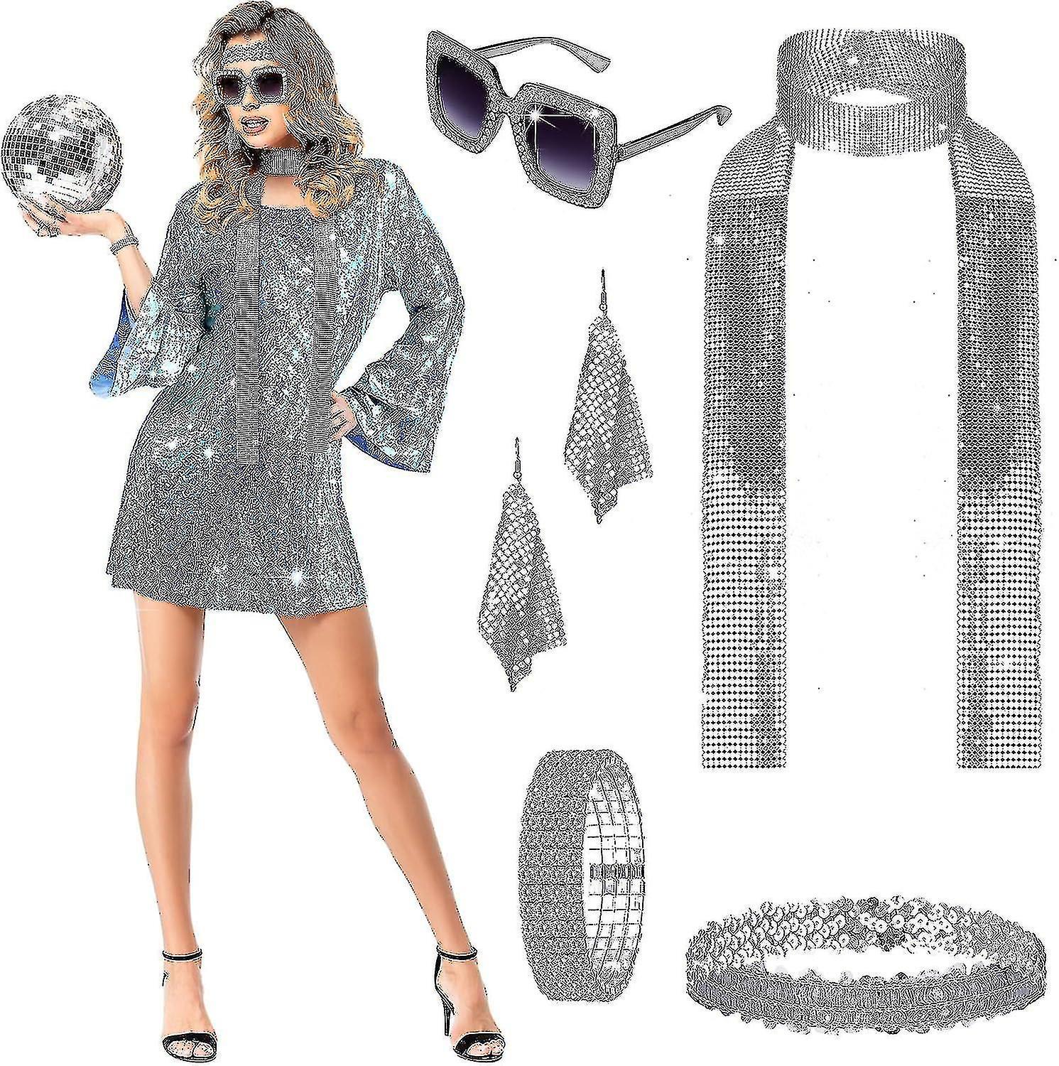 Gunest 6 Pcs Disco Women Costume Outfit And Accessories Set 70s Dress Sequin Scarf Bracelet Earrings Headband Sunglasses_fs Medium