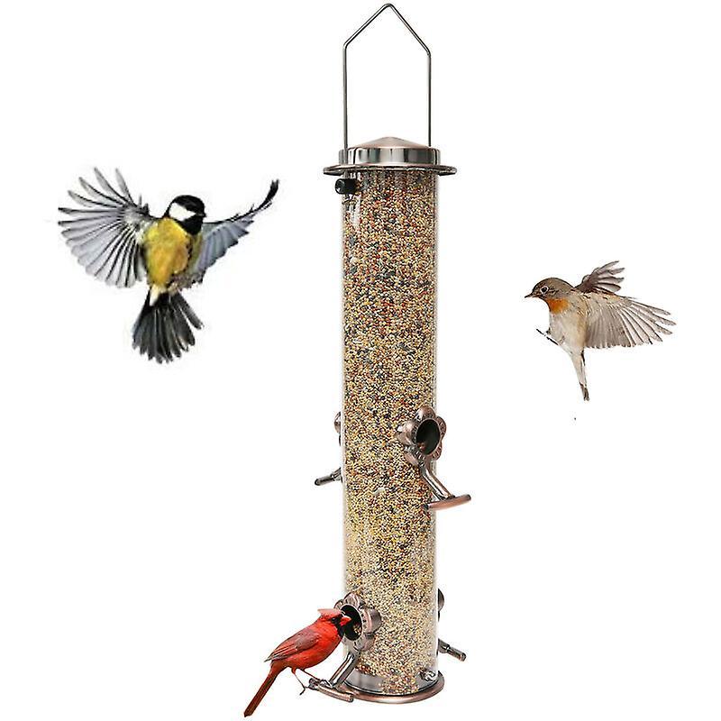 Asygv Hanging Tube Bird Feeder with 4 Aluminum Alloy Feeding Ports, Stainless Steel Lid and Base 15 Inch Wild Bird Feeder for Heavy Duty Seed Mixes