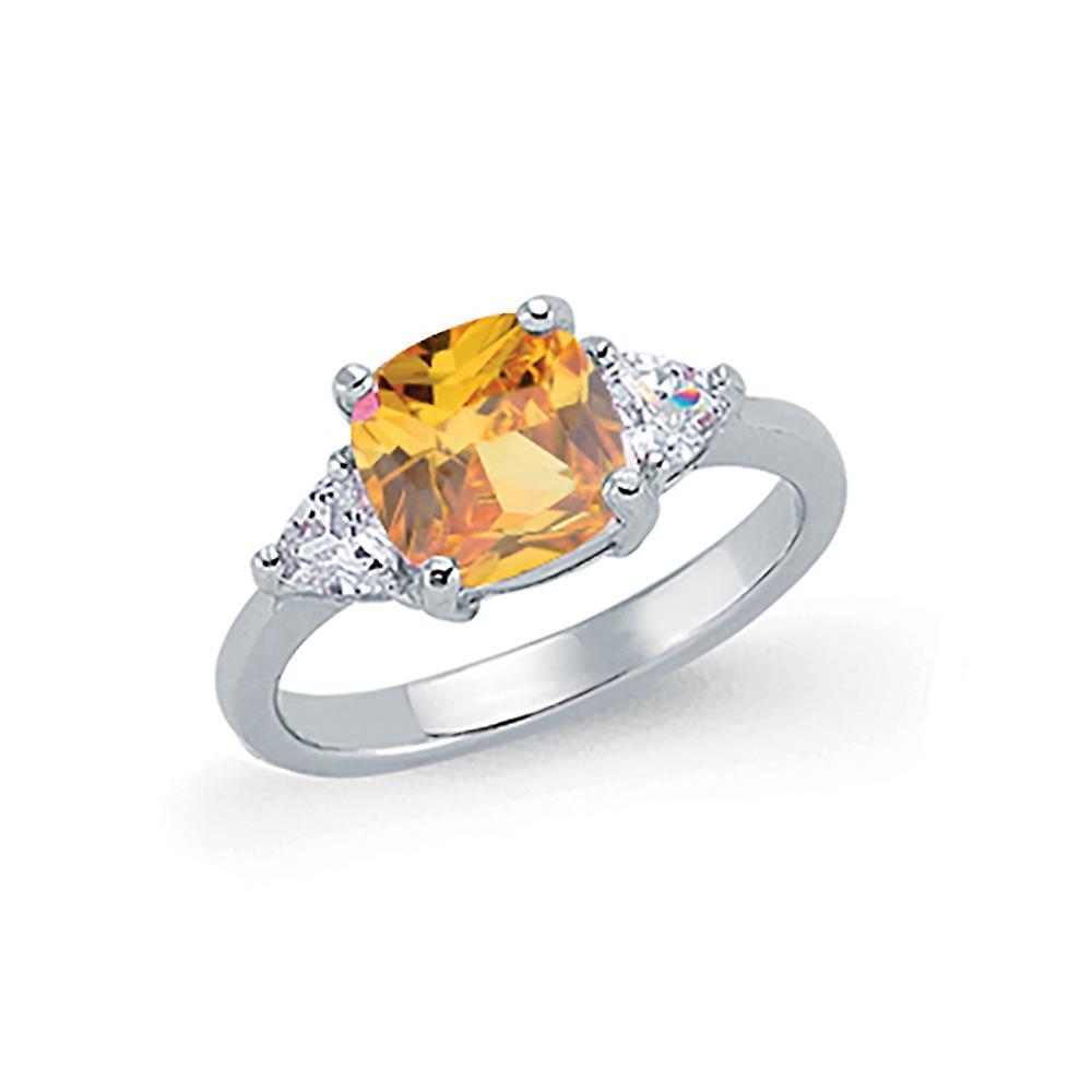 Silver Golden Yellow Cushion & Triangle CZ Solitaire Dress Ring - GVR319CY