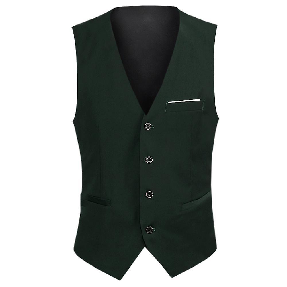 Yynuda Mens Business Slim Formal Vest Solid Color Breasted Suit Waistcoat Dark Green L