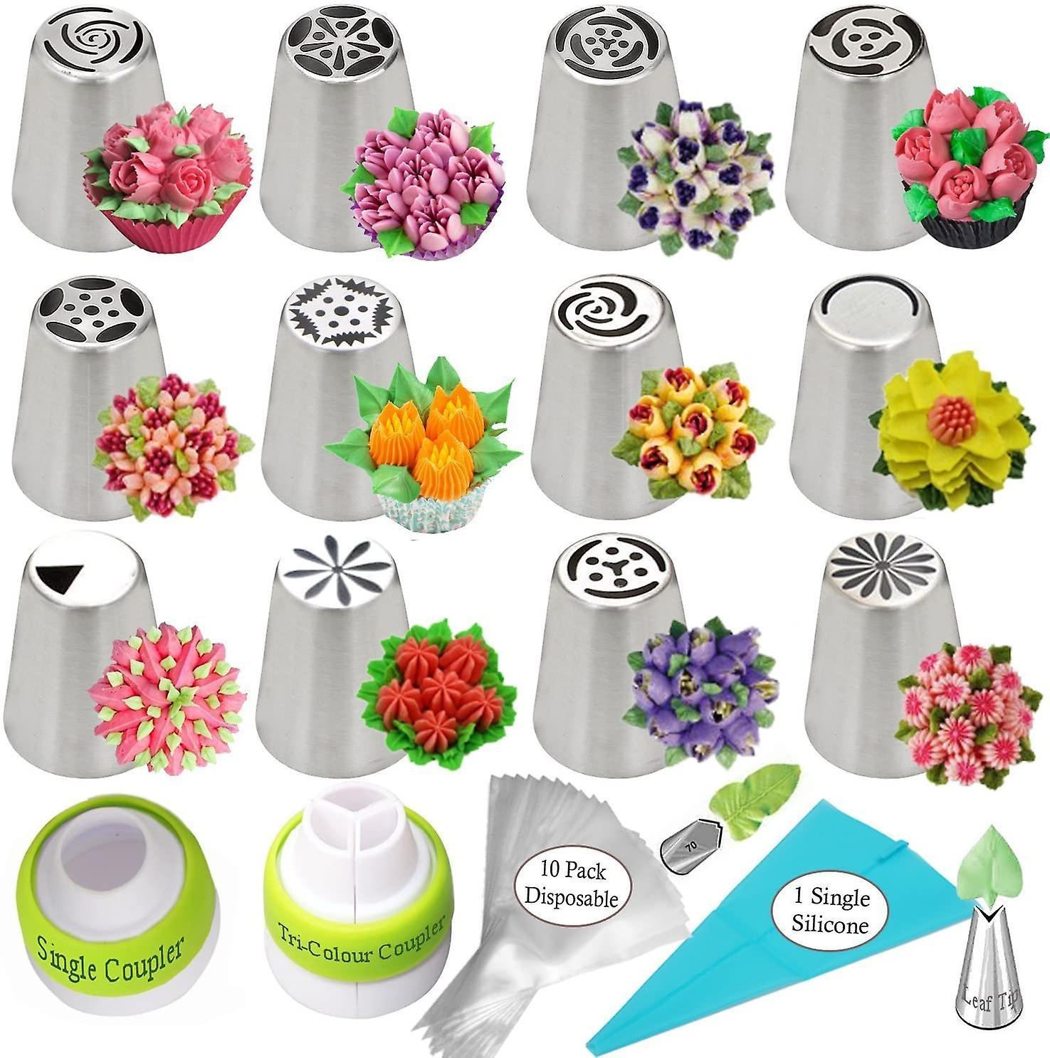 Sunrain Russian Piping Tips Set Cake Decorating Supplies Kit Flower Frosting Tips Set 12 Icing Noz