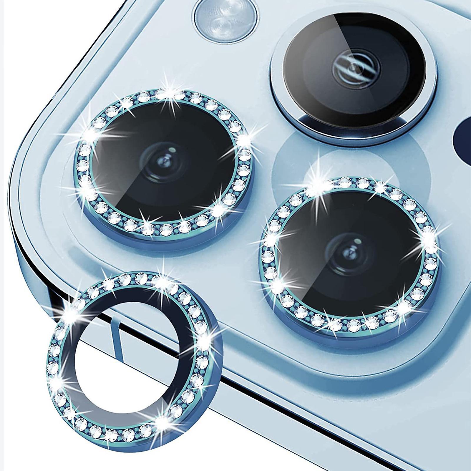 Frusde Rhinestone Camera Lens Protector Compatible With Iphone 15 Pro Max/iphone 15 Pro, Tempered Glass Camera Lens Protector Metal Ring Blue For i...