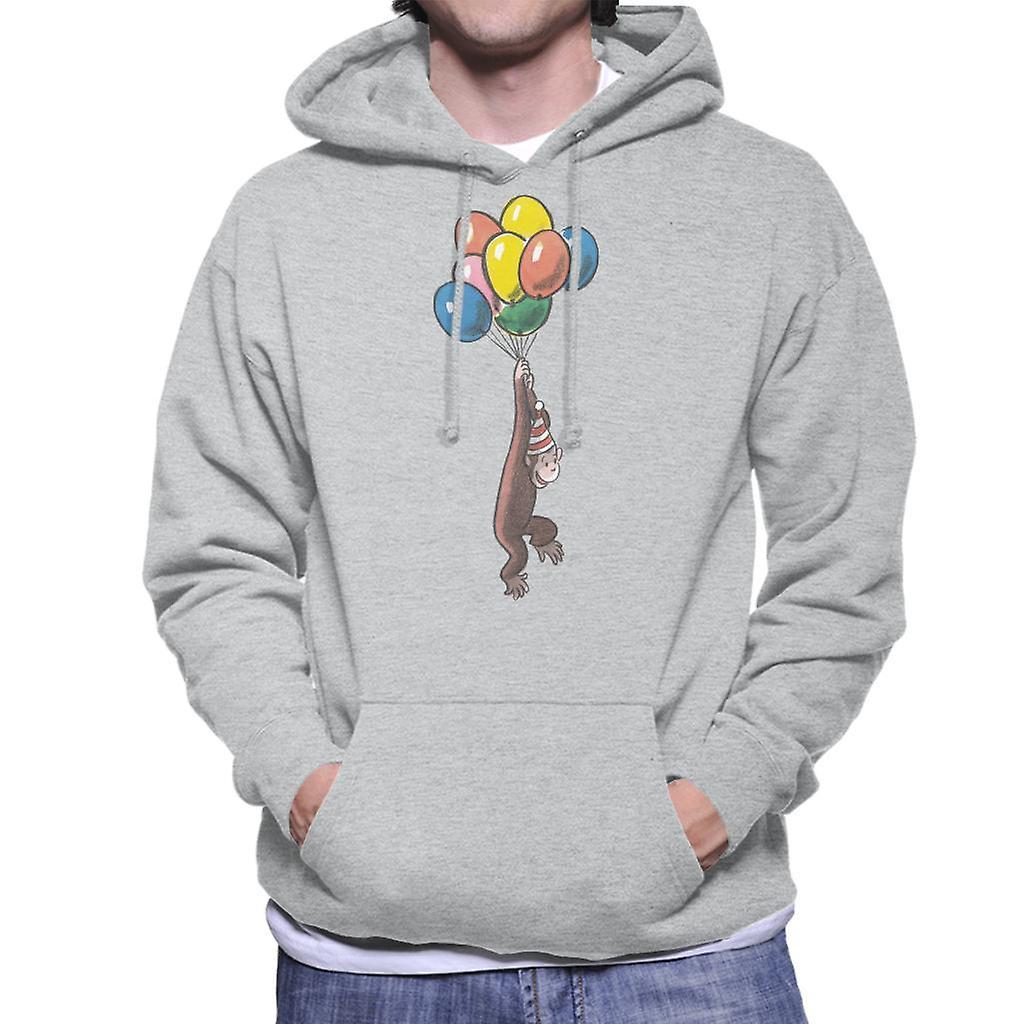 Curious George Balloon Flying Hat Men's Hooded Sweatshirt Heather Grey Large