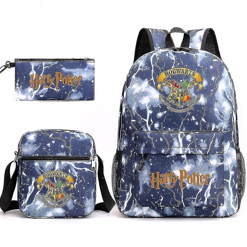 Treingi Children's Harry Potter Three-piece School Bag Printed Large Capacity Outdoor Backpack1 lightning blue