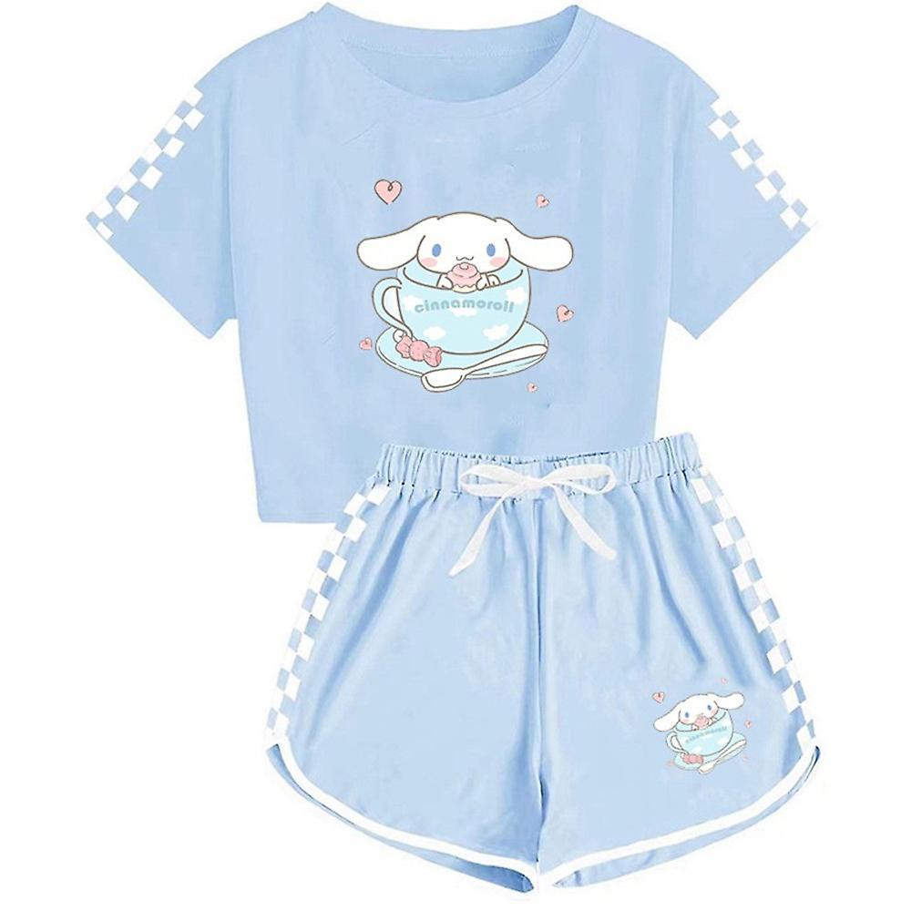 Eocici 5-14 Years Kids Teens Girls Boys Cinnamoroll Printed Short Sleeve T-shirts+shorts Sports Outfits Set Gifts Light Blue 9-10 Years