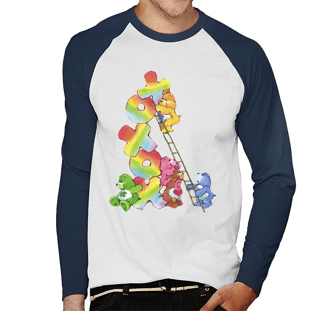 Care Bears Birthday Bear Xoxox Climbing Ladder Men's Baseball Long Sleeved T-Shirt White/Navy Medium