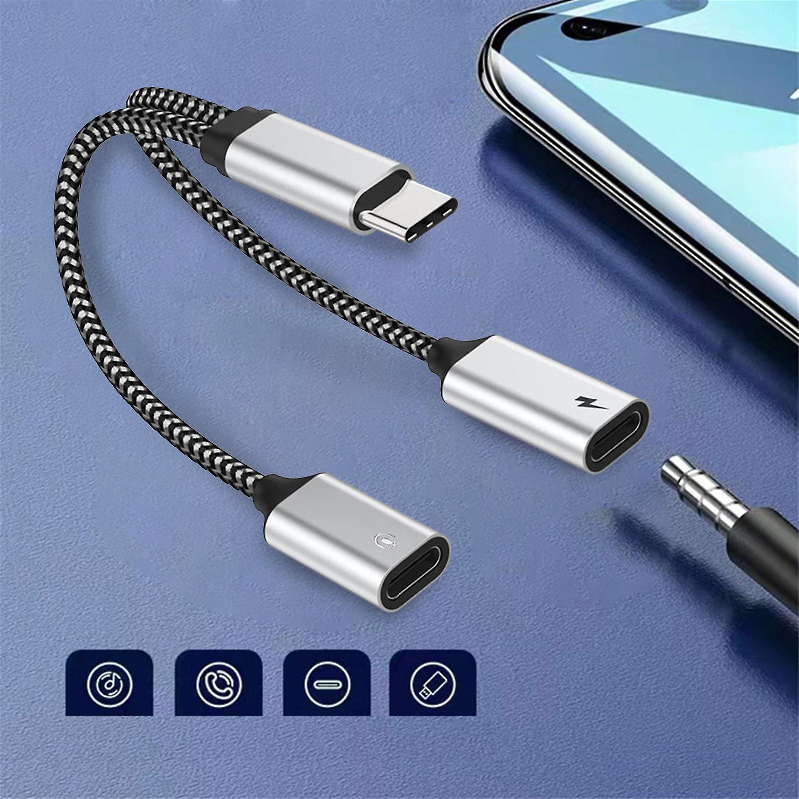 Taishh 60w Fast Charging Type-c Splitter Headphone Adapter And Dual Usb-c Audio Charger For Reversible Type-c Interface Silver