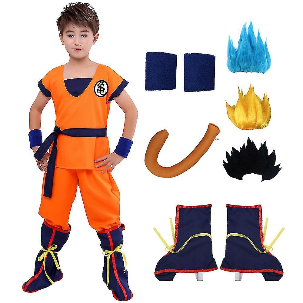 Dlelv Halloween Adult Kids Suits Son Goku Gui Carnival Anime Cosplay Holiday Costumes Tail  Wrister Wig Blue Gold Children Dress Up 9pcs  Wig black...