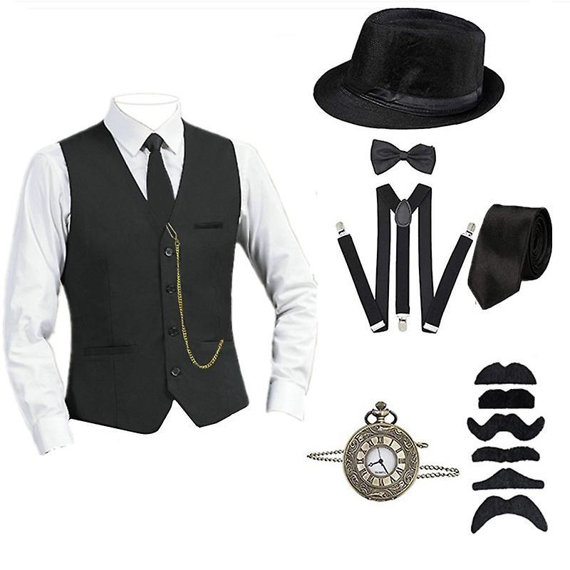 Baiyis 8 Pcs Mens 1920s Gatsby Gangster Costume with Accessories Halloween Cosplay Carnival Party Costumes Black 2XL