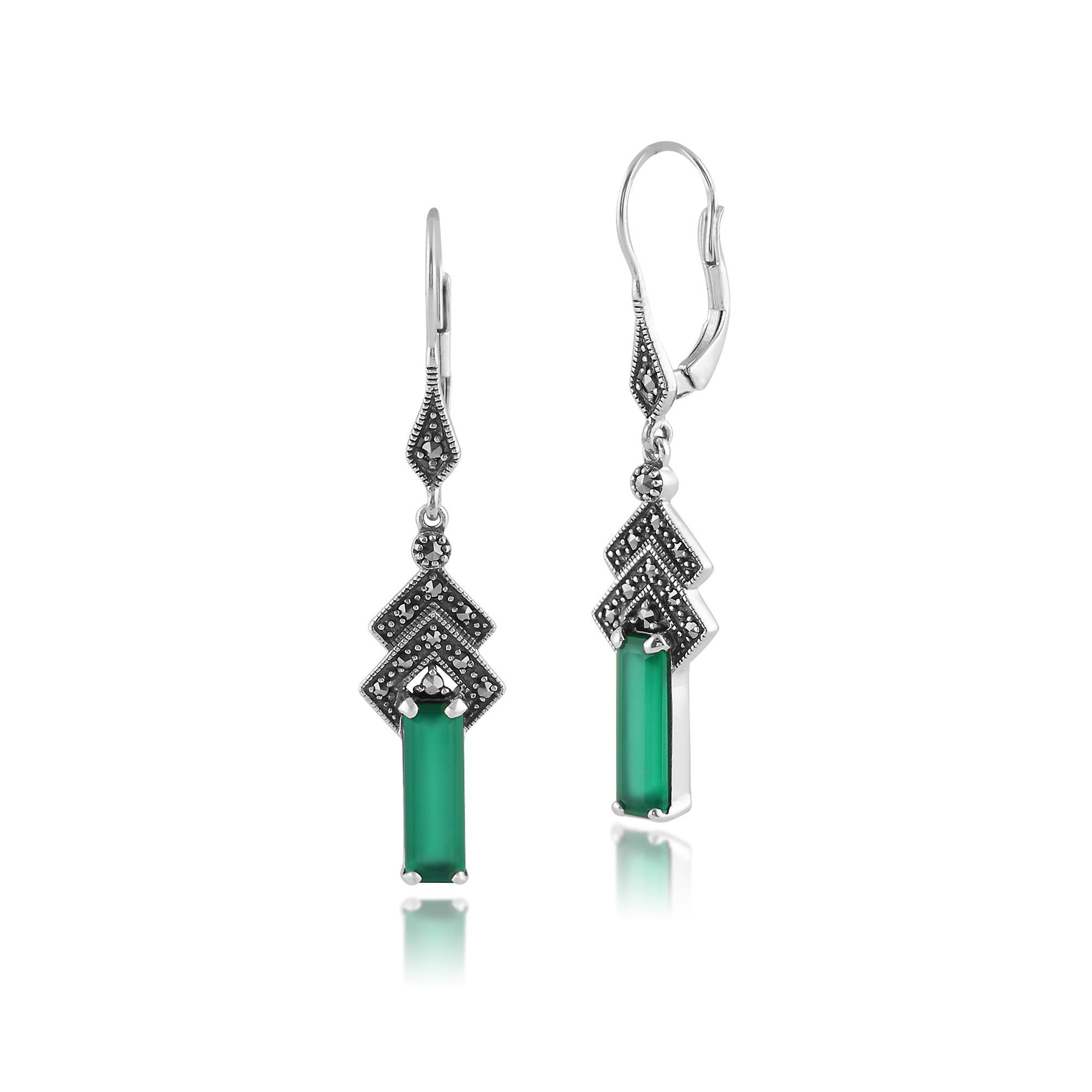 Gemondo Art Deco Style Rectangle Green Chalcedony & Marcasite Drop Earrings in 925 Sterling Silver 214E816801925 One Size