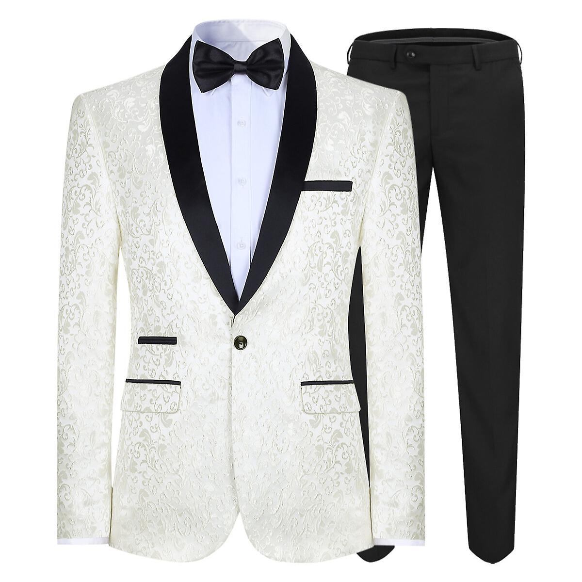 Allthemen Men's Jacquard Tuxedo Suit Slim Fit 2-Piece Suits for Wedding Party Graduation White L