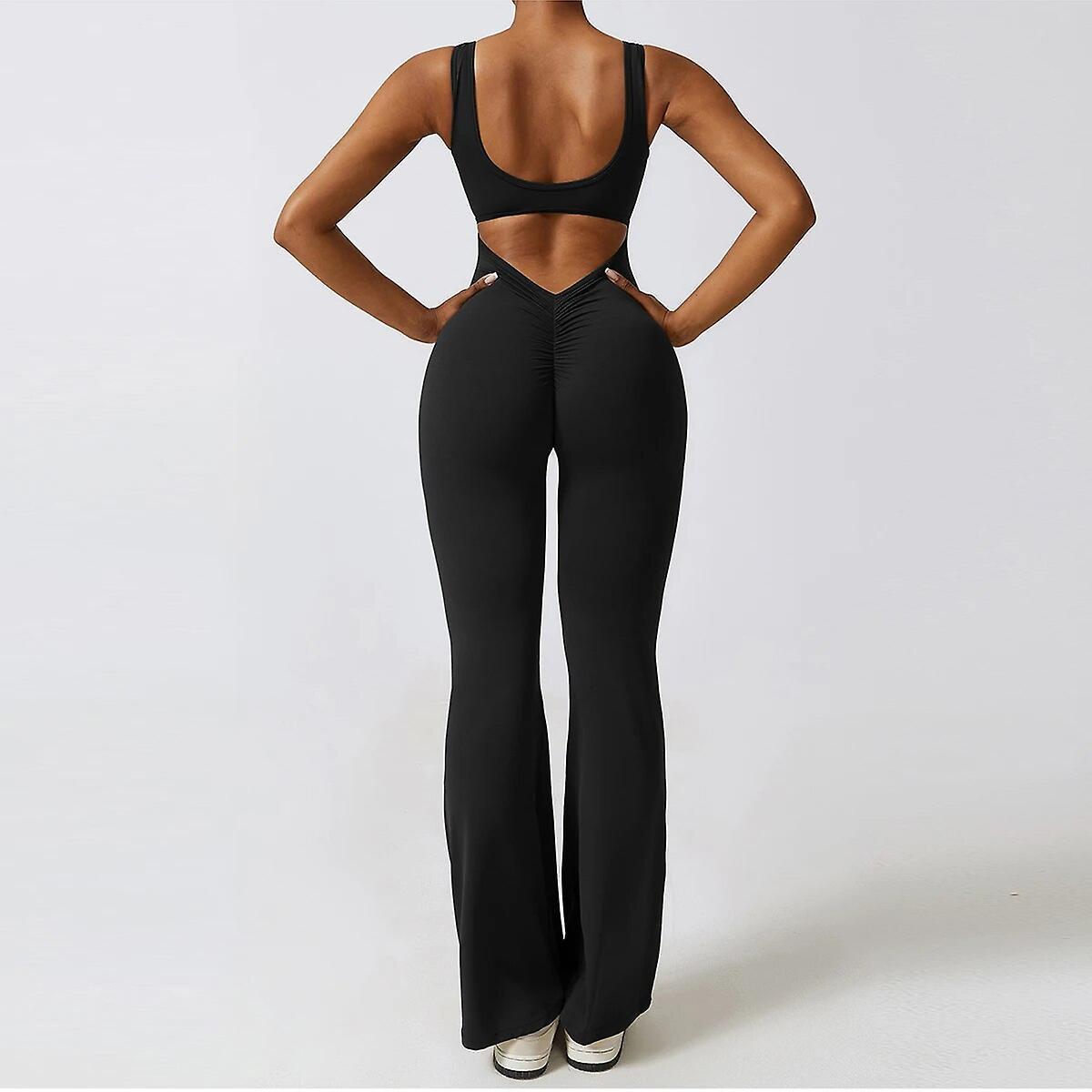 Aionyaaa V Back Gym Set Women One-piece Suit Sexy Yoga Suit Flared Pants Women Sports Jumpsuit Fitness Rompers Workout Bodysuits Female Black M