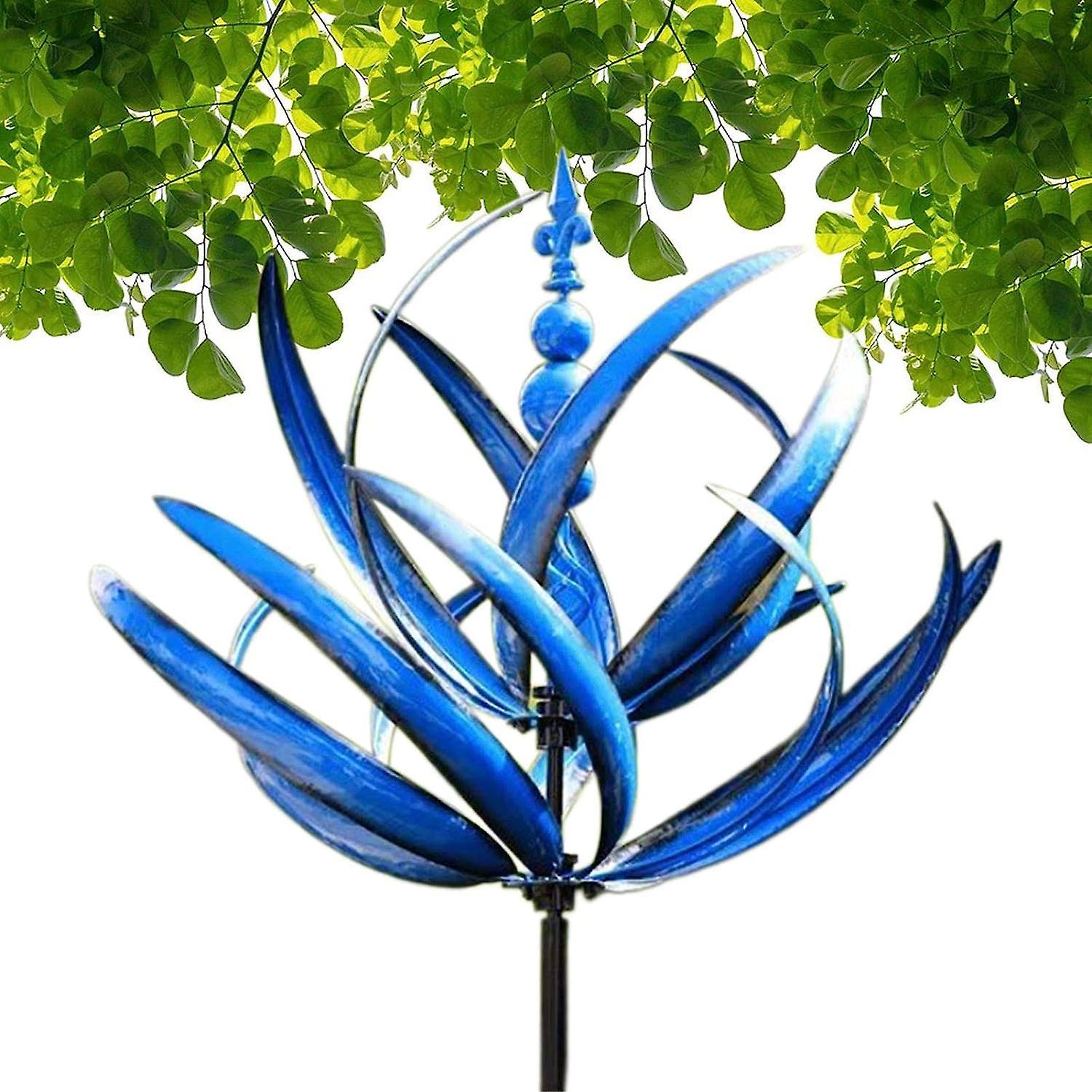 Hoh Outdoor Wind Spinner, Harlow Wind Spinner Rotator, Unique And Magical Metal Windmill, Dynamic 3d Lotus Windmill With Garden Stake Blue