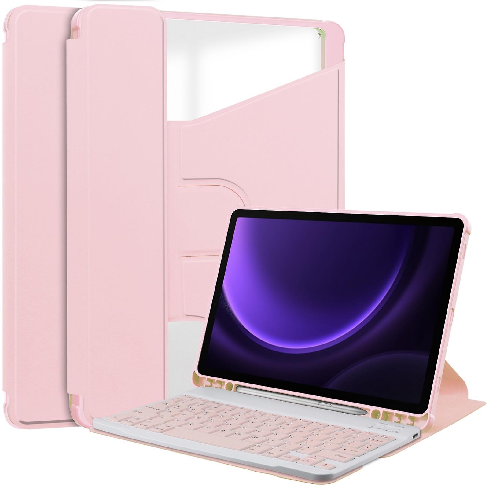 Tablet Case For Samsung Galaxy Tab S9 FE 360 Rotation Transparent Smart Leather Case With Keyboard Pink