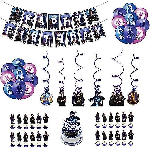 unbrand Wednesday Addams Family Theme Birthday Party Decorations Supplies Included Banner, Balloons, Cake/cupcake Topper